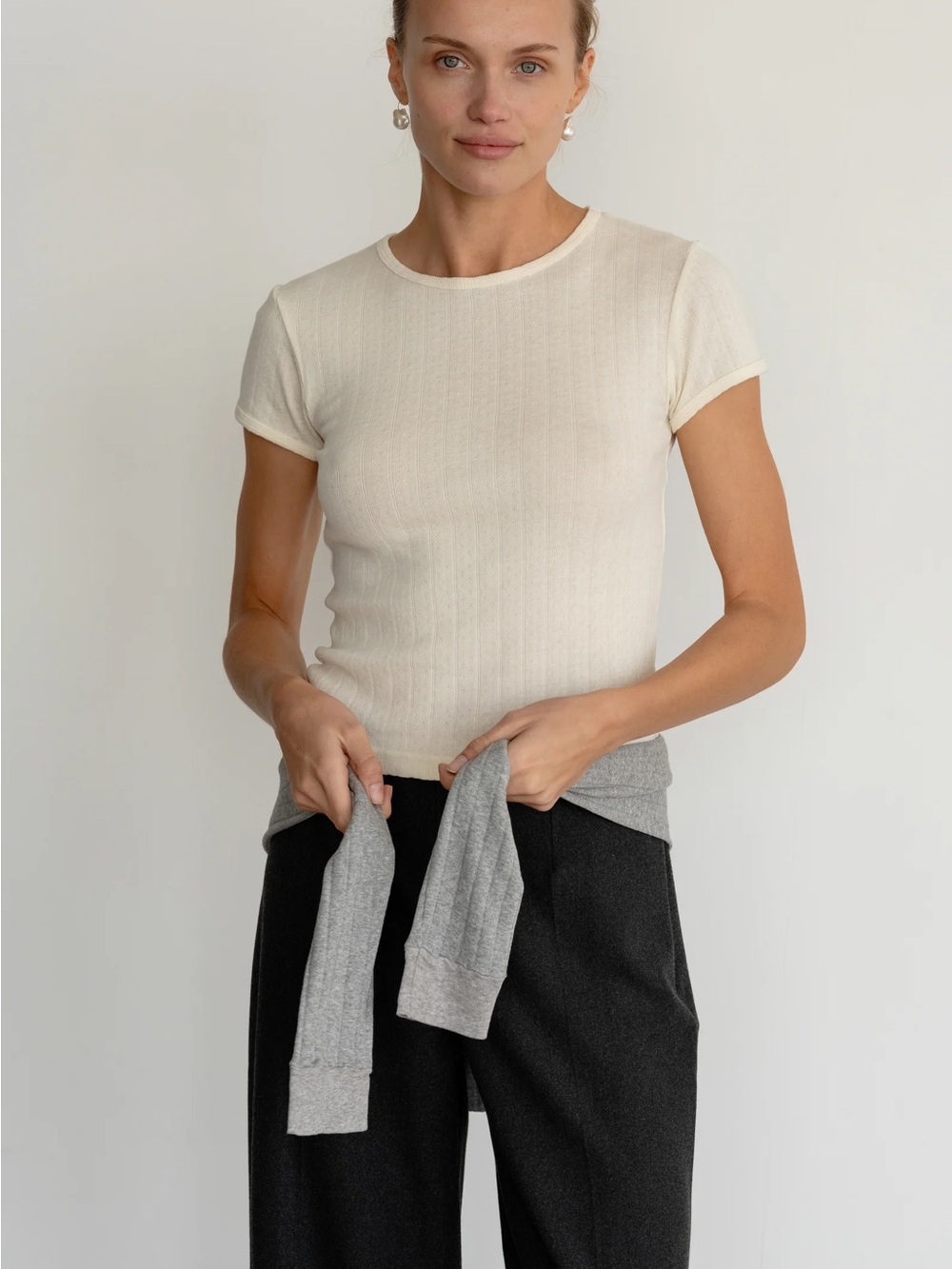 Donni Pointelle Baby Tee in Creme